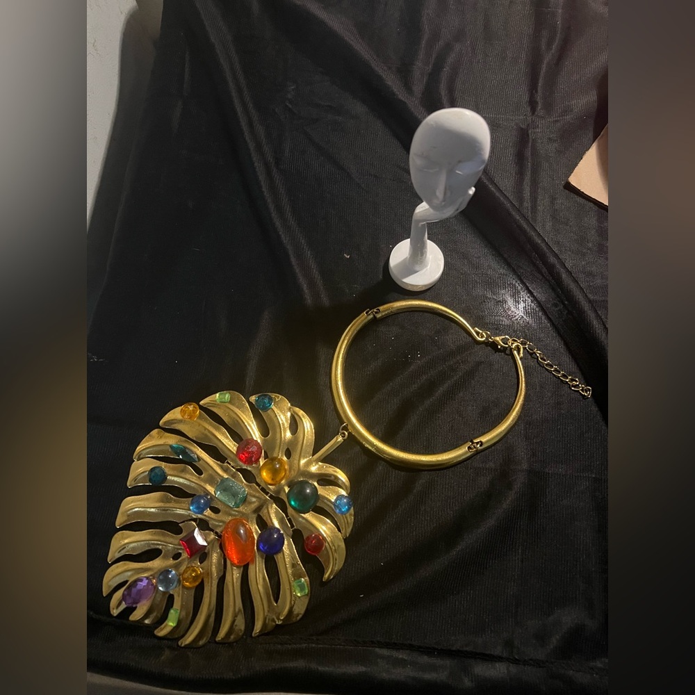 Monstera Leaf Necklace Bejeweled, up-cycled, 1 of kind-Gemstones hand placed - Picture 3 of 9
